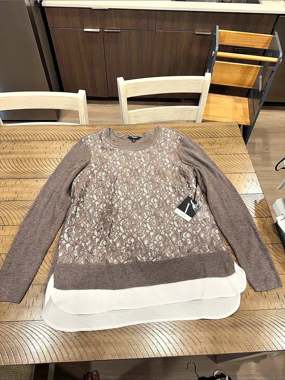 Simply Vera Wang Lace Twofer Sweater Brown & White XL